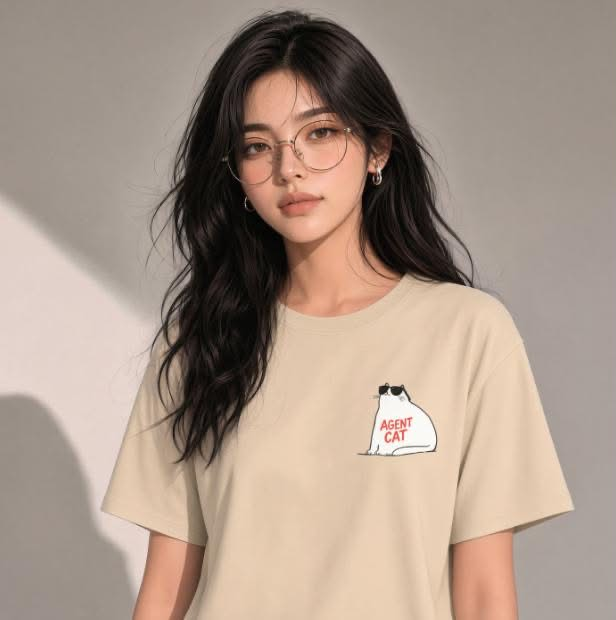 크림색 Agent Cat 티셔츠 앞면의 작은 고양이 로고
