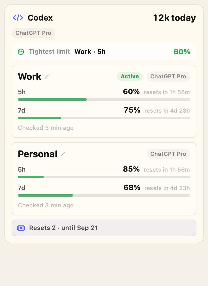 Work・Personalのサンプルアカウント、リセット権2回分と9月21日の期限を示す実際のCodexカード