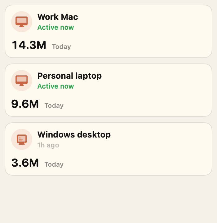 Actual Agent Hub cards showing sample usage for Work Mac, Personal laptop and Windows desktop