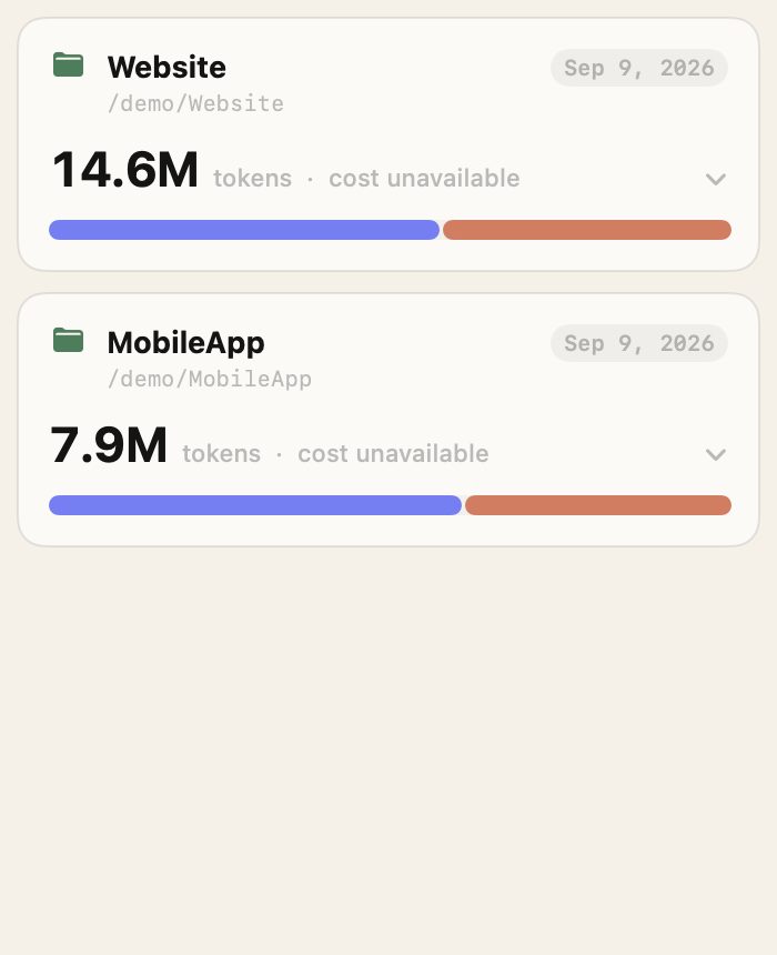 Actual project view showing cumulative tokens for public sample projects